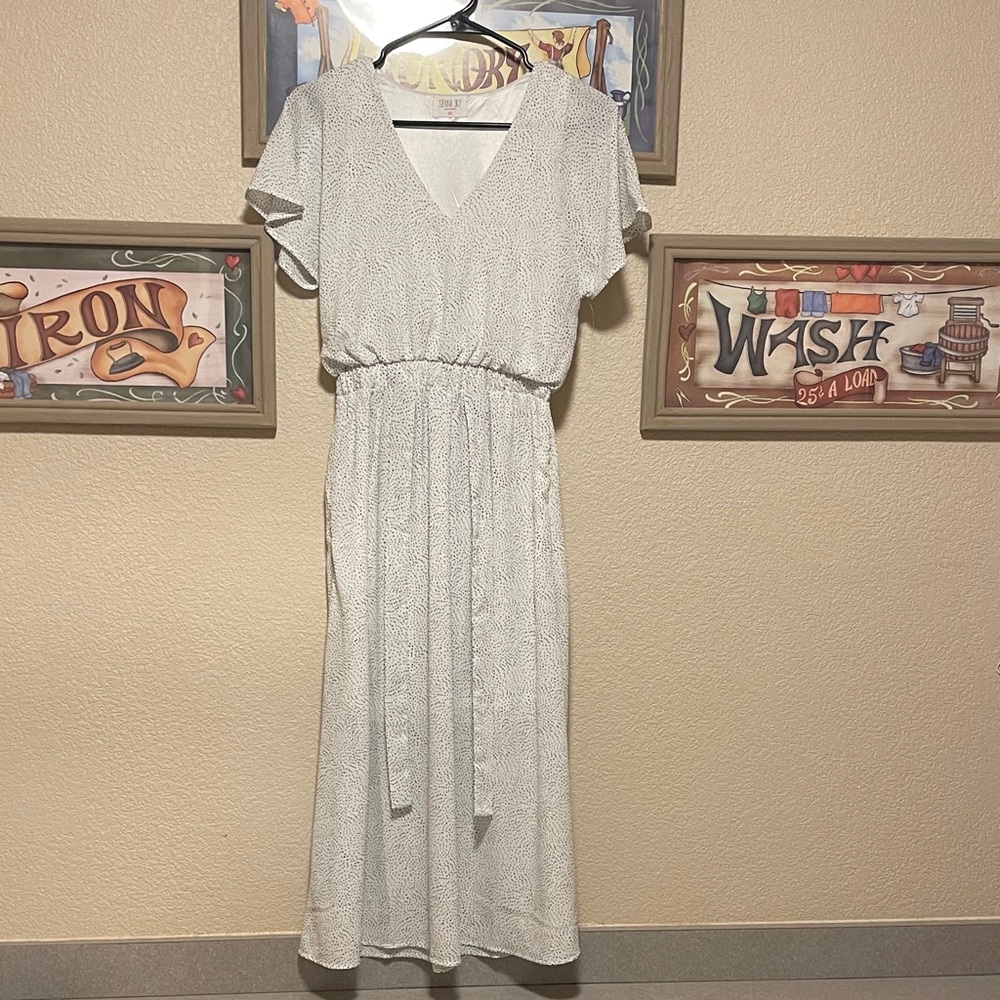 Sienna Sky White Midi Dress with Tie Waist